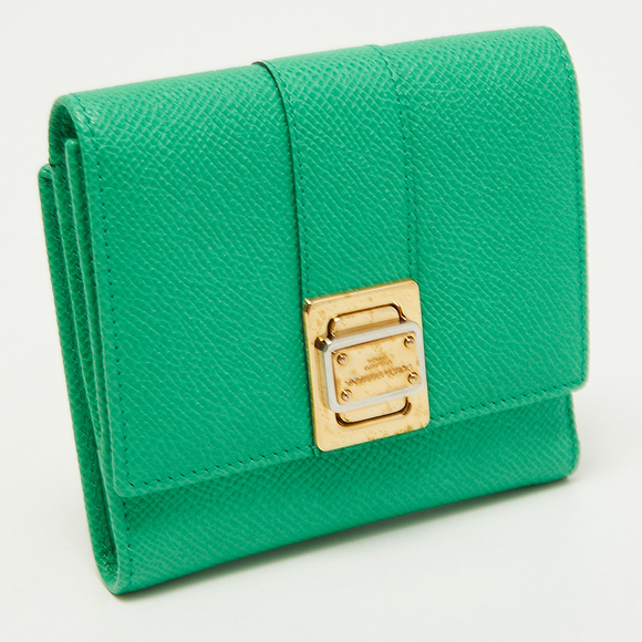 DOLCE & GABBANA Green Leather Trifold Compact Wallet - Picture 5 of 8